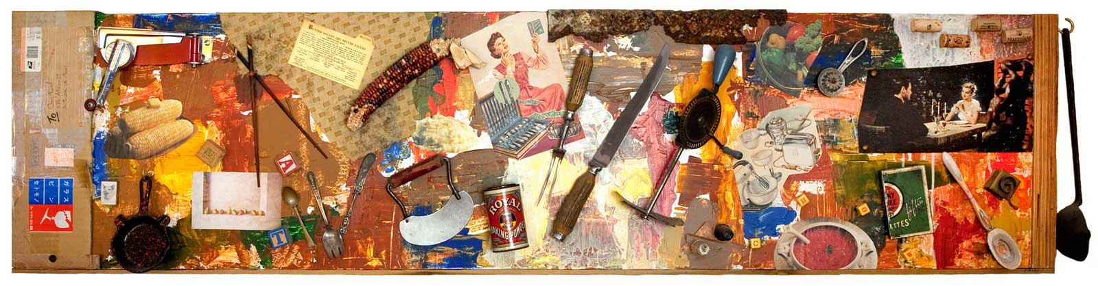 Mixed media collage with various objects.
