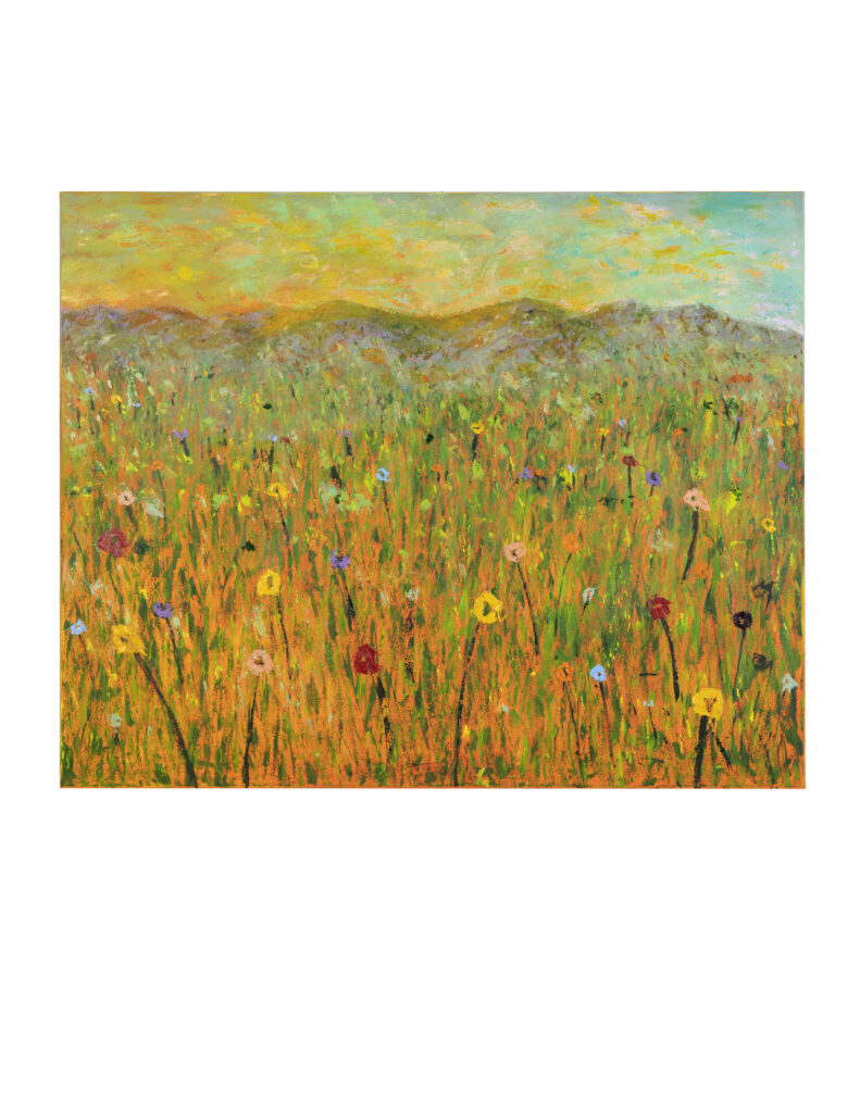 A painting of a field with flowers in it