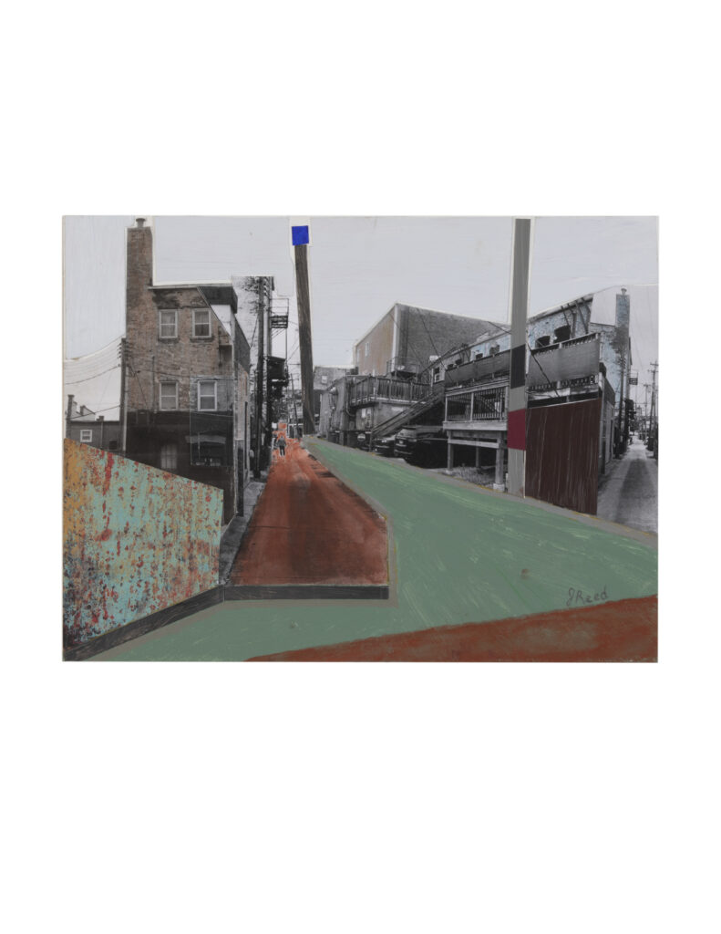 A painting of an urban area with buildings and graffiti.