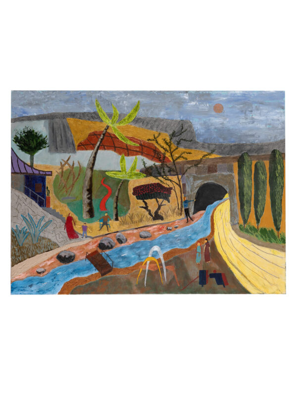 Colorful landscape with river and tunnel painting.