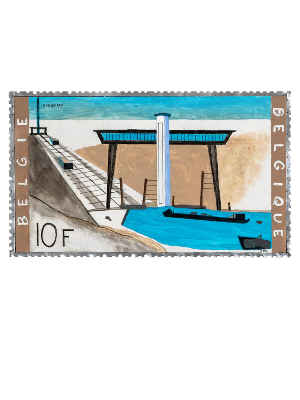 Belgian stamp featuring a canal and lock.