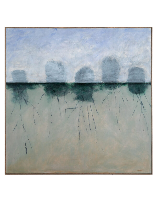 Abstract landscape painting with blurred tree silhouettes.