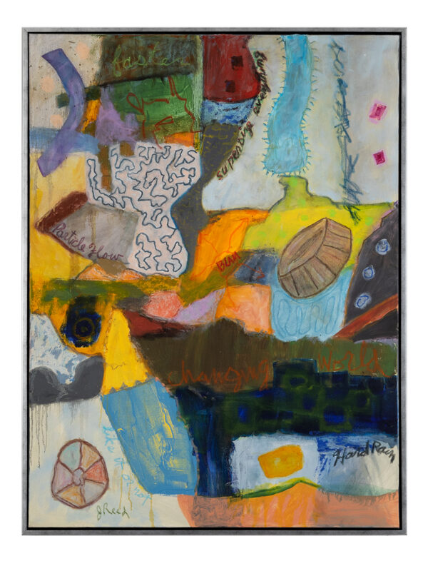 Abstract painting with colorful geometric shapes.