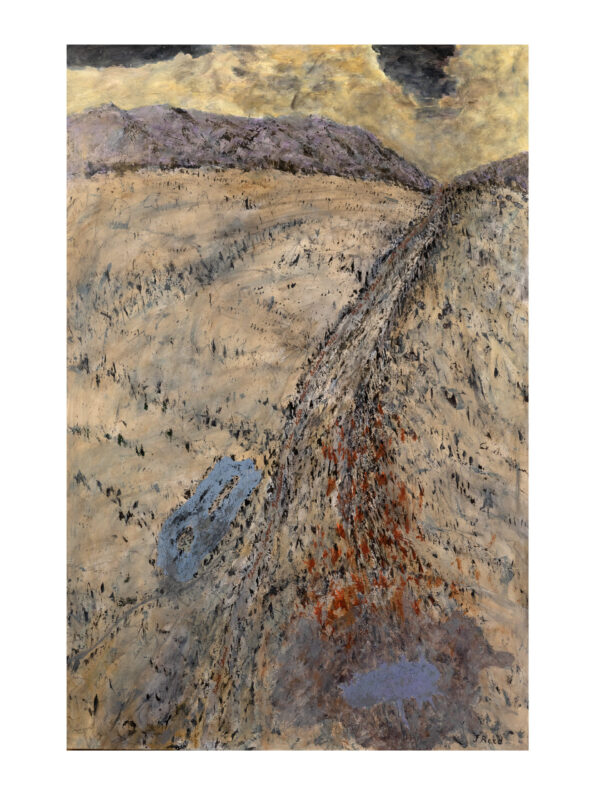 Abstract landscape with mountains and cloudy sky.