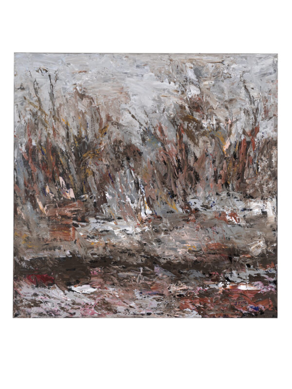 Abstract landscape painting with earthy tones.