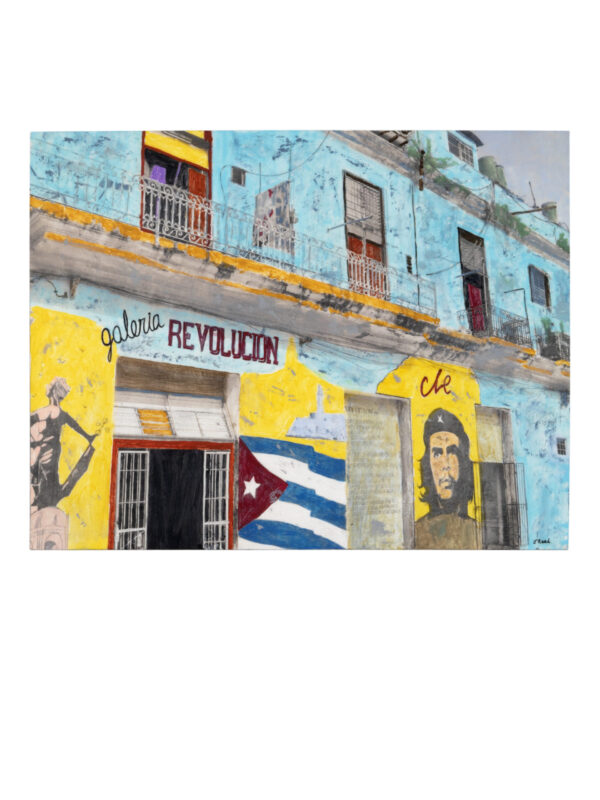 Blue building with mural and Cuban flag.