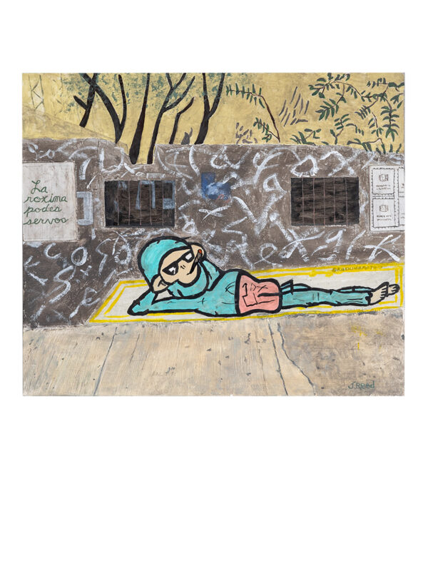 Street art of person lying on ground.