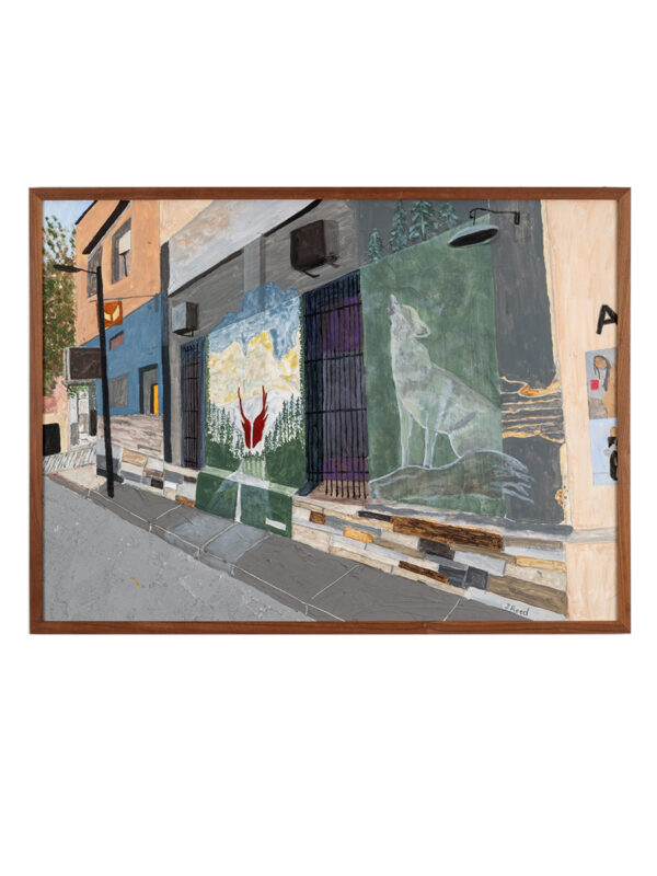 Street mural with wolf and dancer.