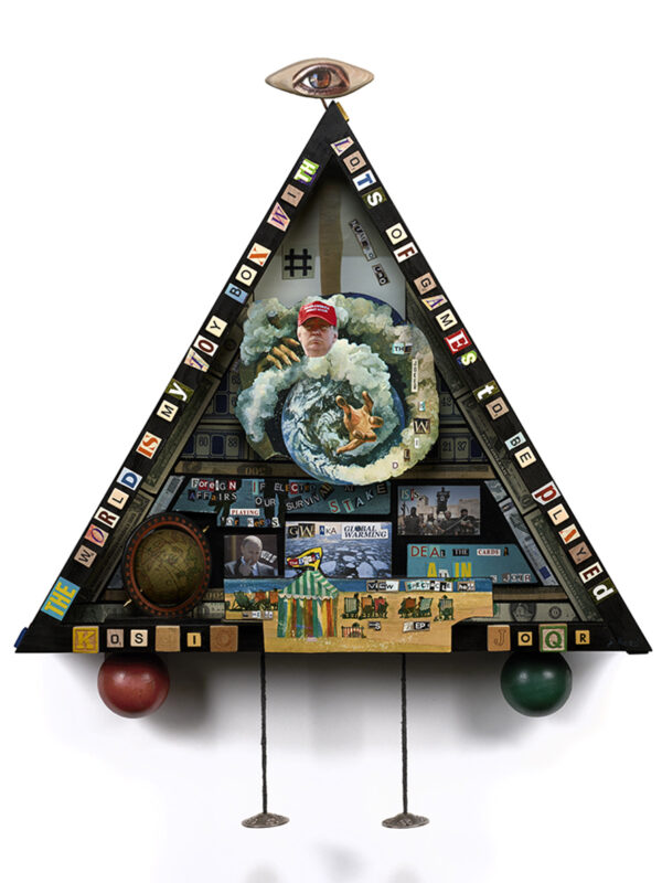 Triangular collage with mixed media elements.