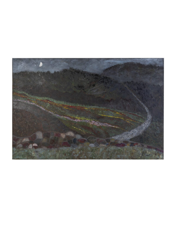 Abstract landscape painting with dark, colorful hues.