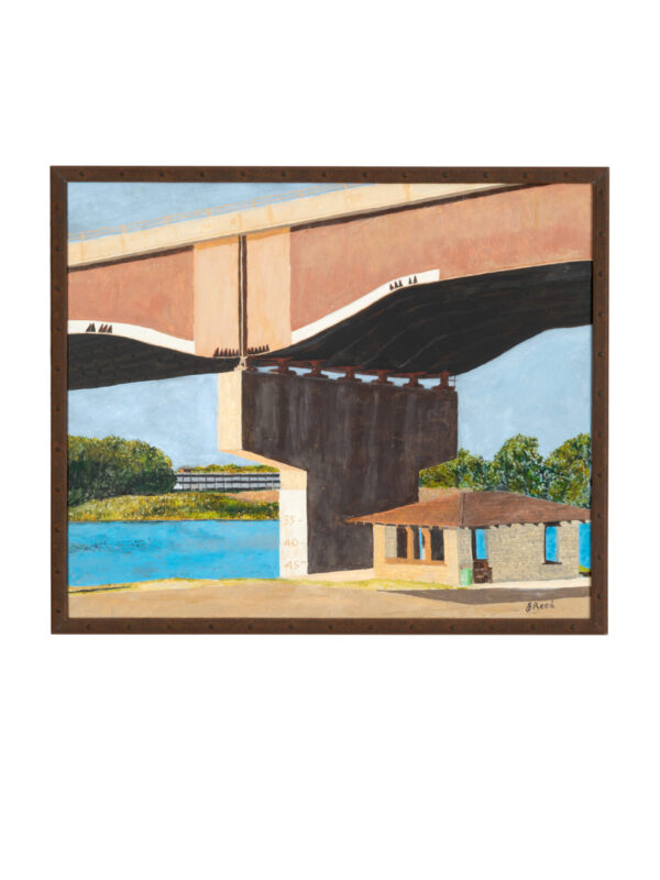 Painting of a bridge over a river.