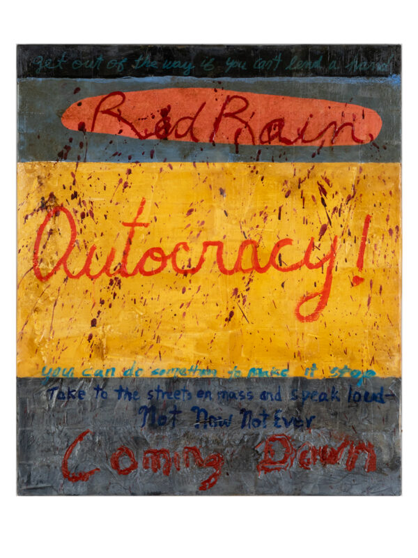 Painting with text about autocracy and protest.