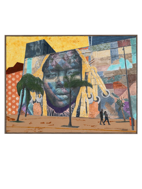 Colorful mural with face and palm trees.