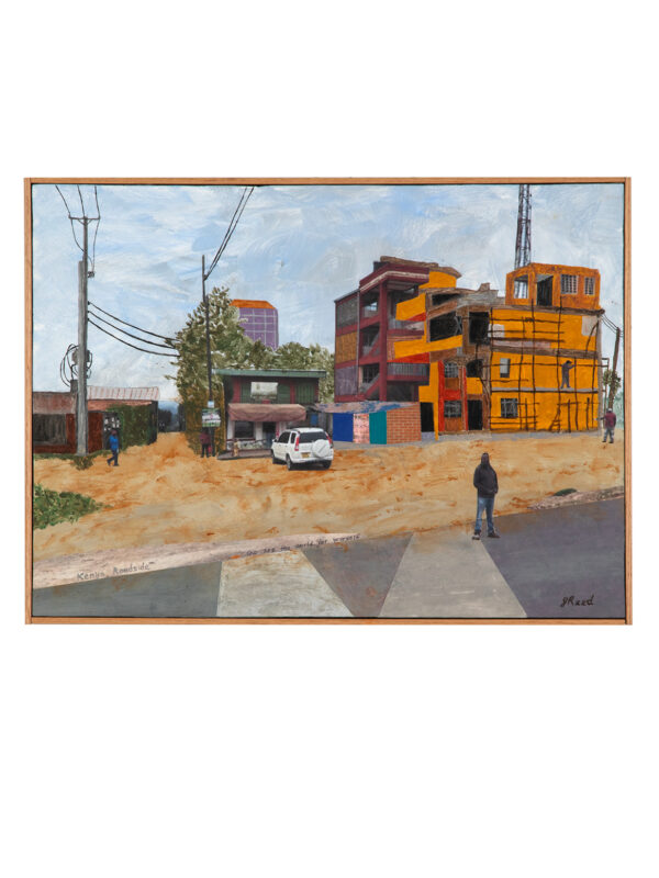 Painting of urban street with colorful buildings.