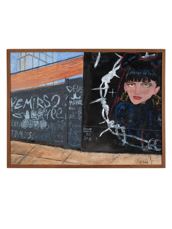 Street art with graffiti and woman's portrait.