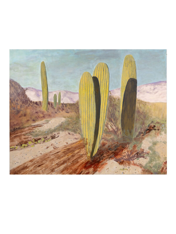 Painting of tall cacti in desert landscape.
