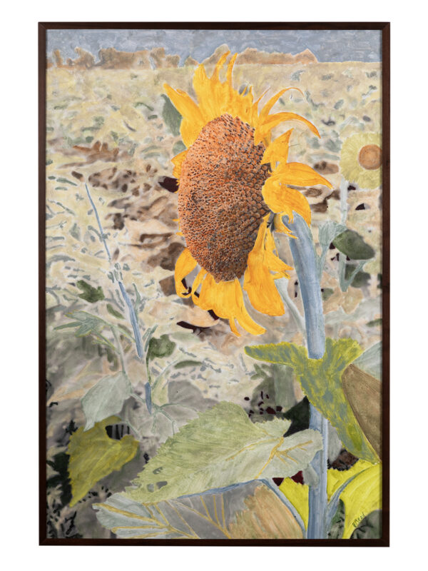 Painting of a sunflower in a field.