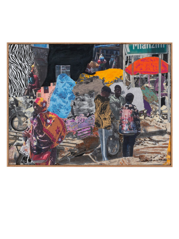 Colorful street scene with people and umbrellas.