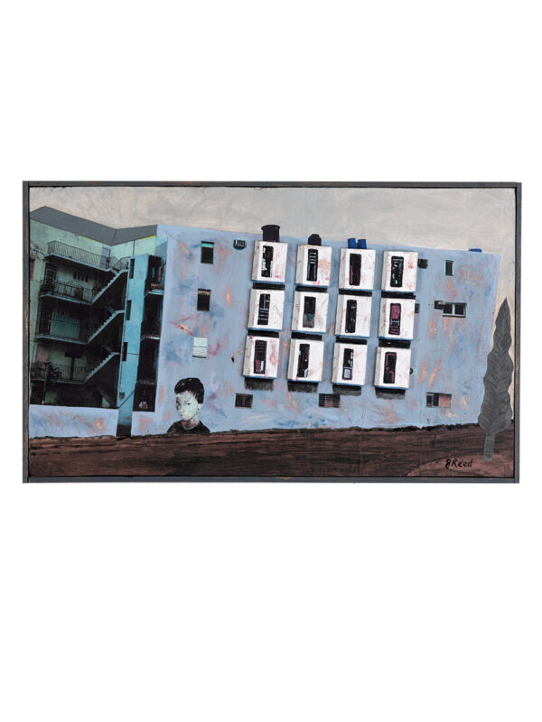 Collage of building with portrait and tree.