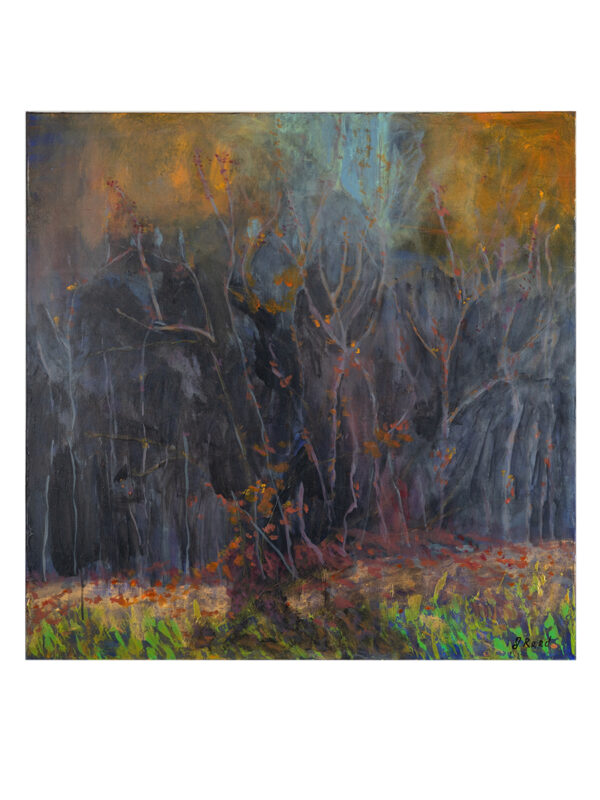 Abstract forest scene with vibrant colors.