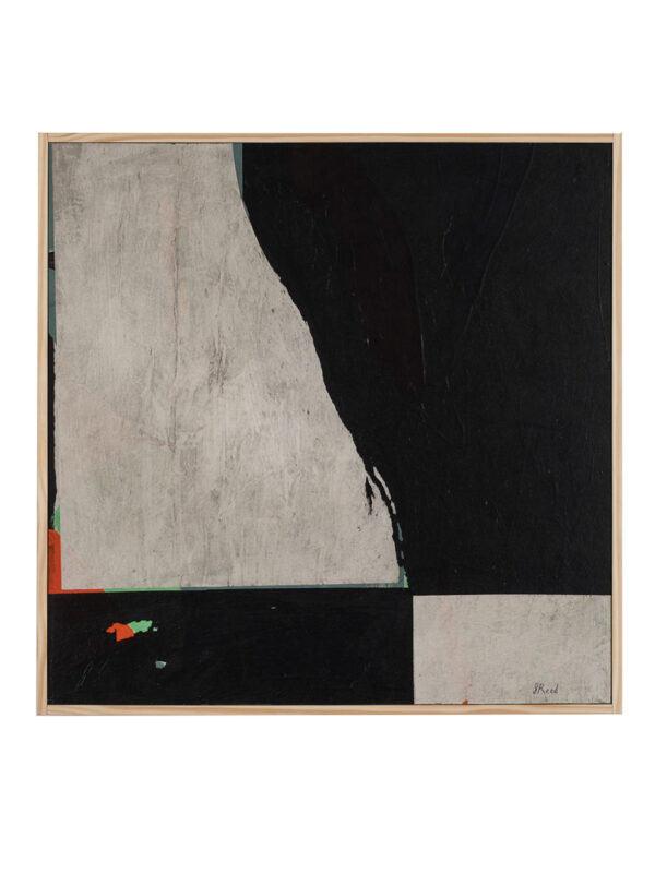 Abstract painting with black and white shapes.