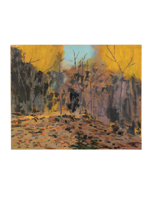 Abstract forest scene with vibrant colors.