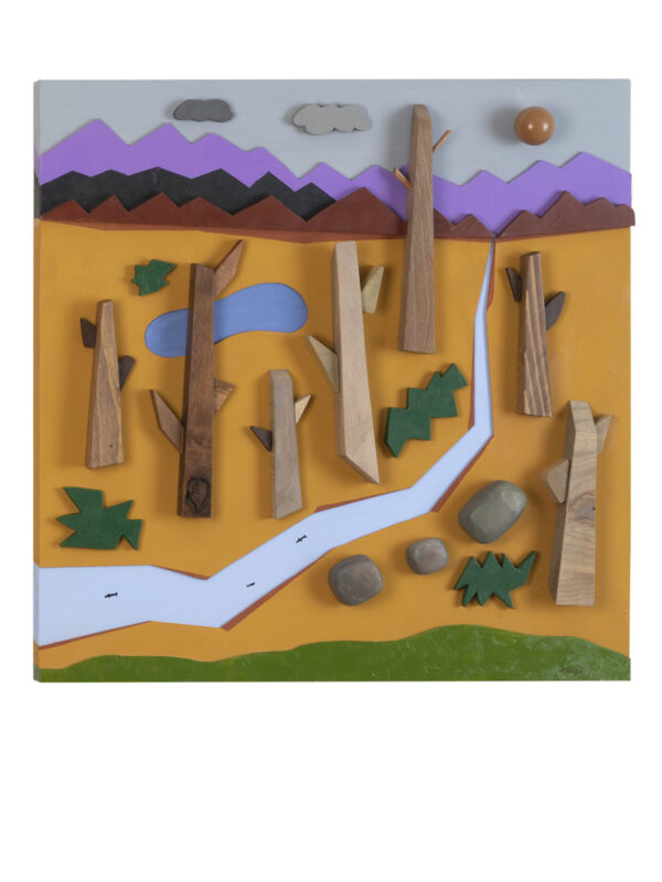 Abstract landscape with trees and mountains artwork.