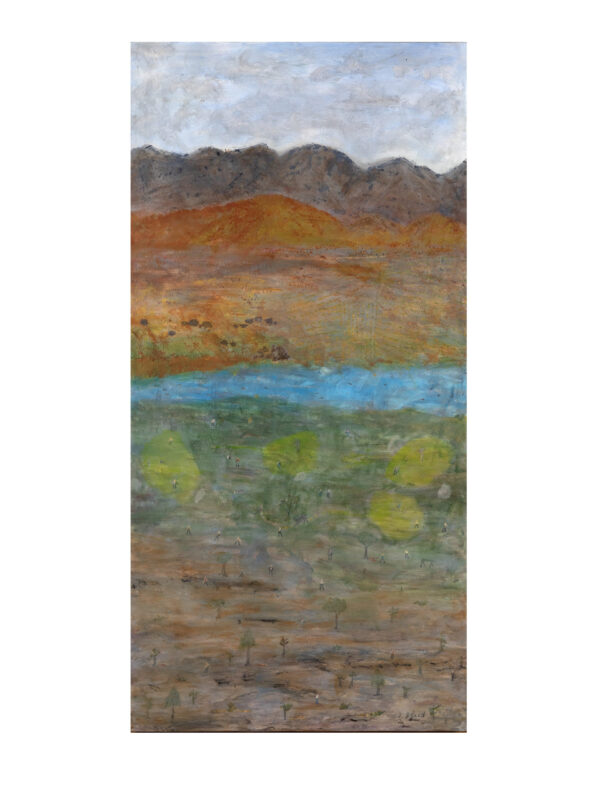 Landscape painting with mountains and river.