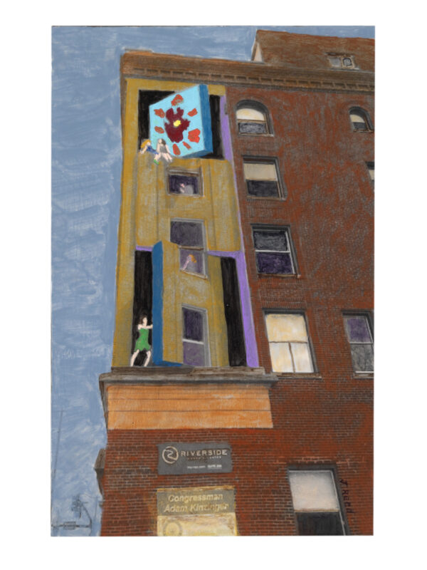 Colorful mural on a tall brick building.