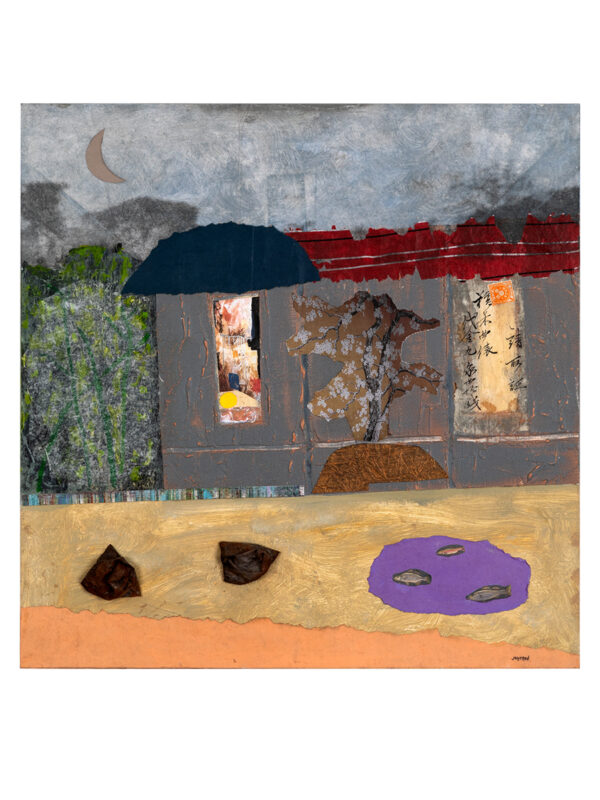 Collage artwork of house with crescent moon.