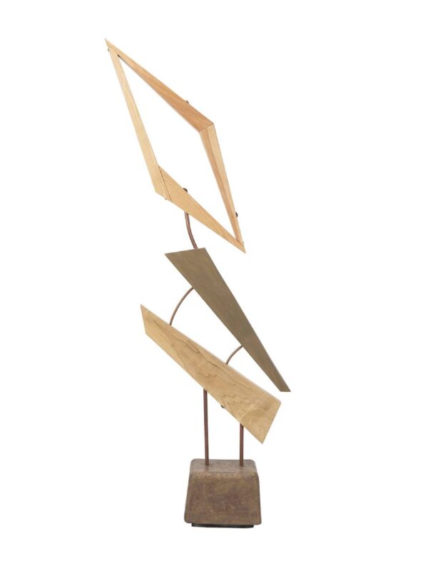 Abstract geometric wooden sculpture, various shapes.