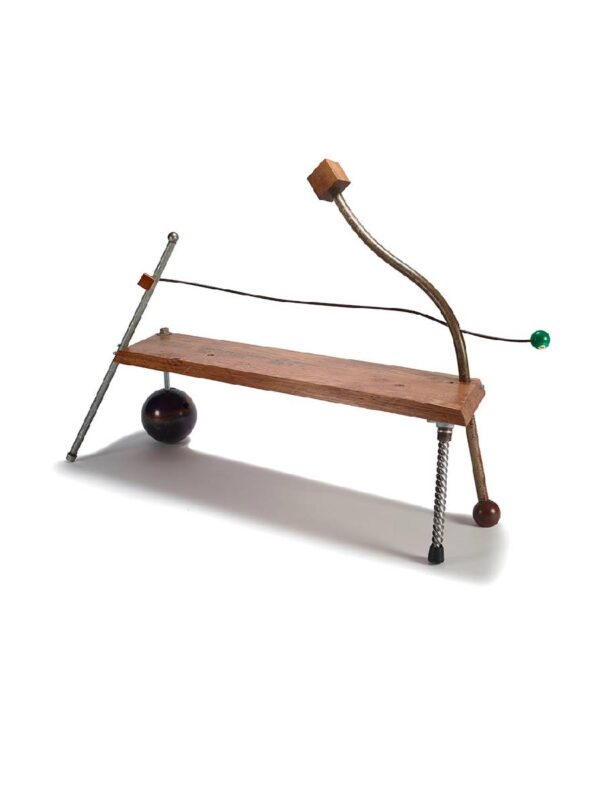 Abstract wooden and metal bench sculpture.