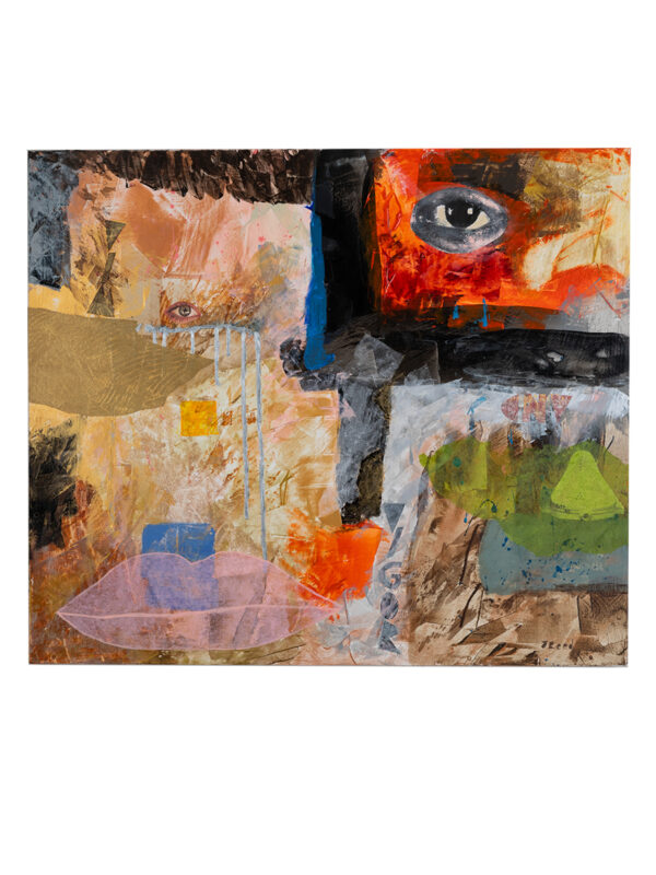 Abstract painting with colorful, textured elements.