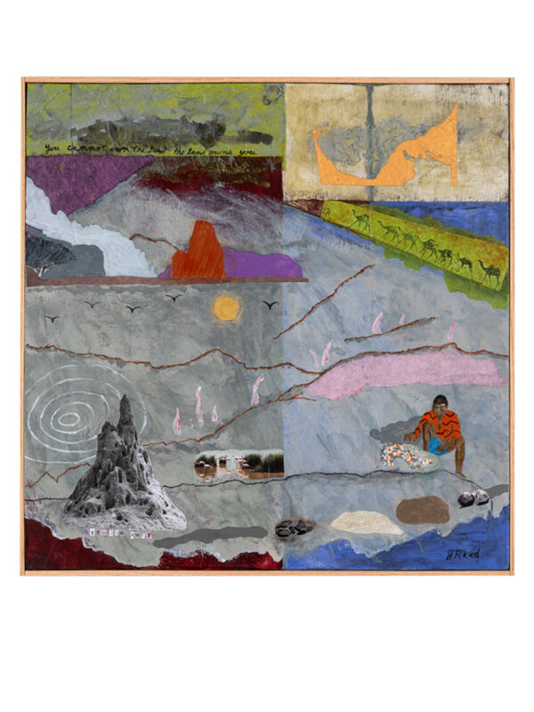 Abstract collage with mountains and figures.