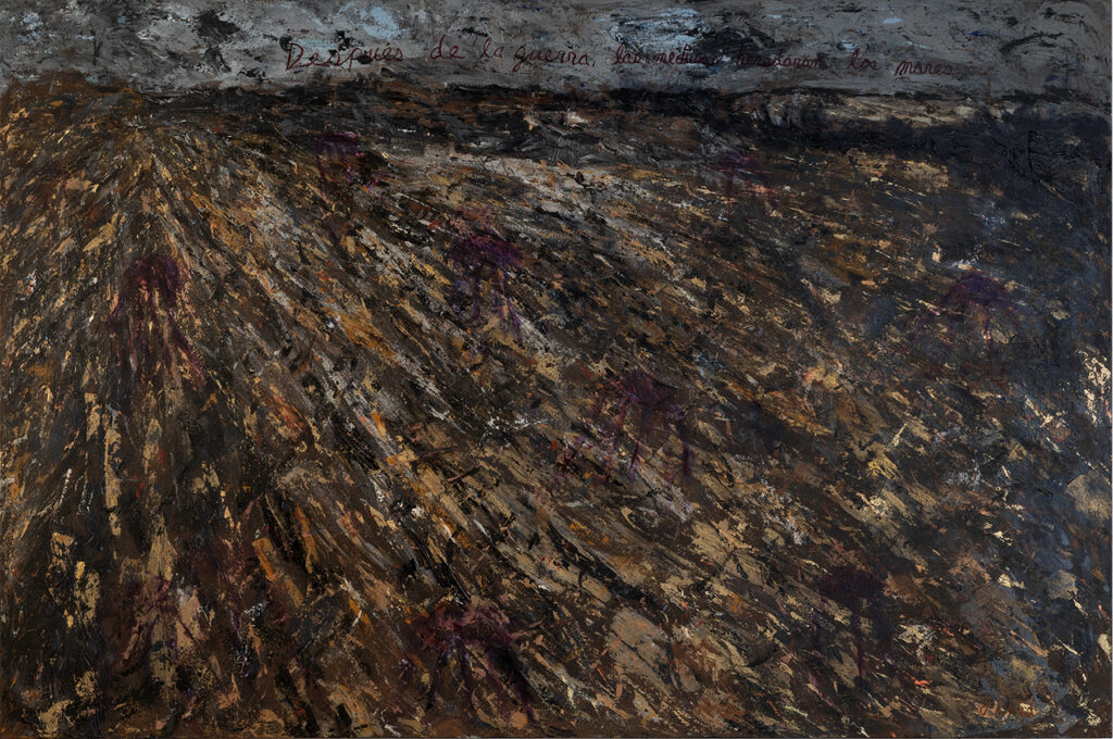 Dark plowed field under moody sky painting