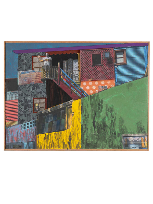 Colorful painting of layered urban building facades