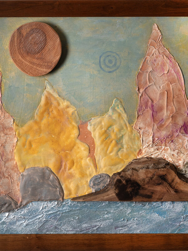 Textured mixed media seascape with rocky mountains