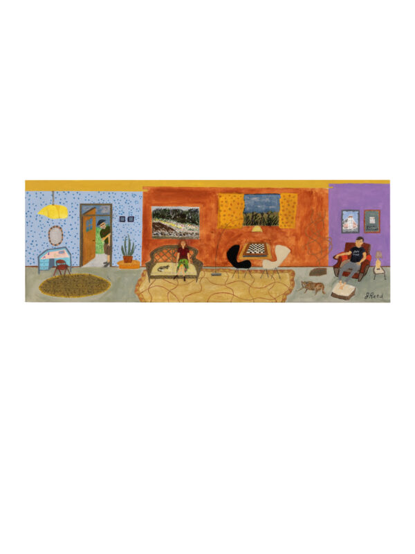 Colorful panoramic living room with people and cat