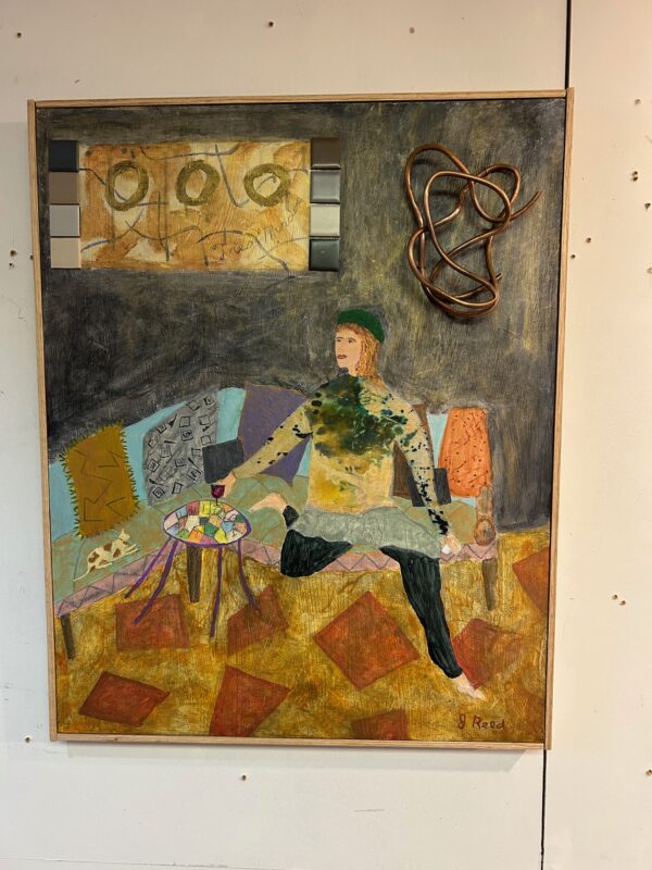 Abstract painting of seated figure in colorful interior
