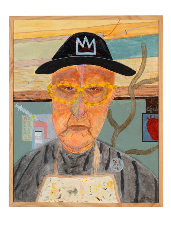 Painted portrait of elderly man with yellow glasses