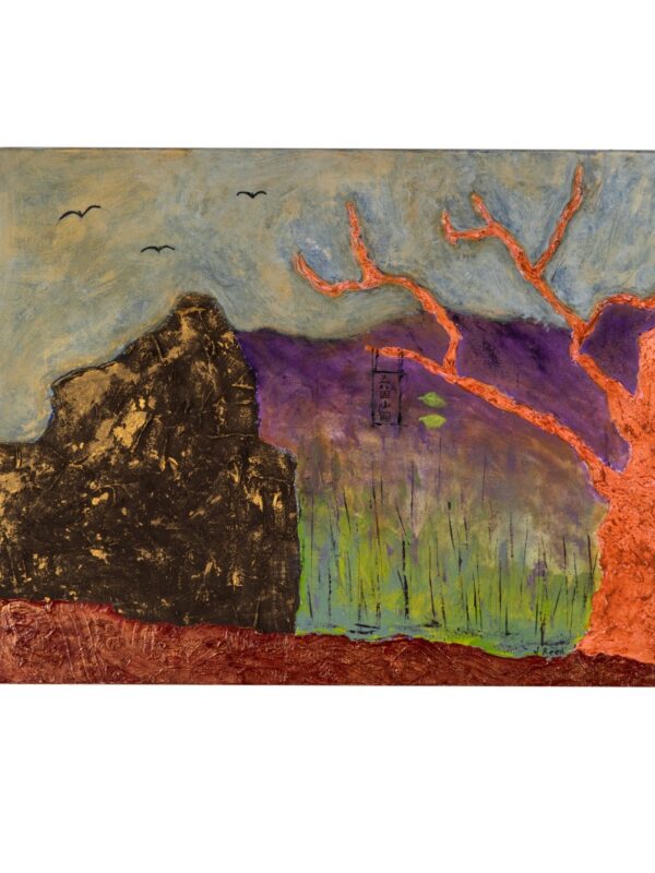Abstract landscape with orange tree and birds