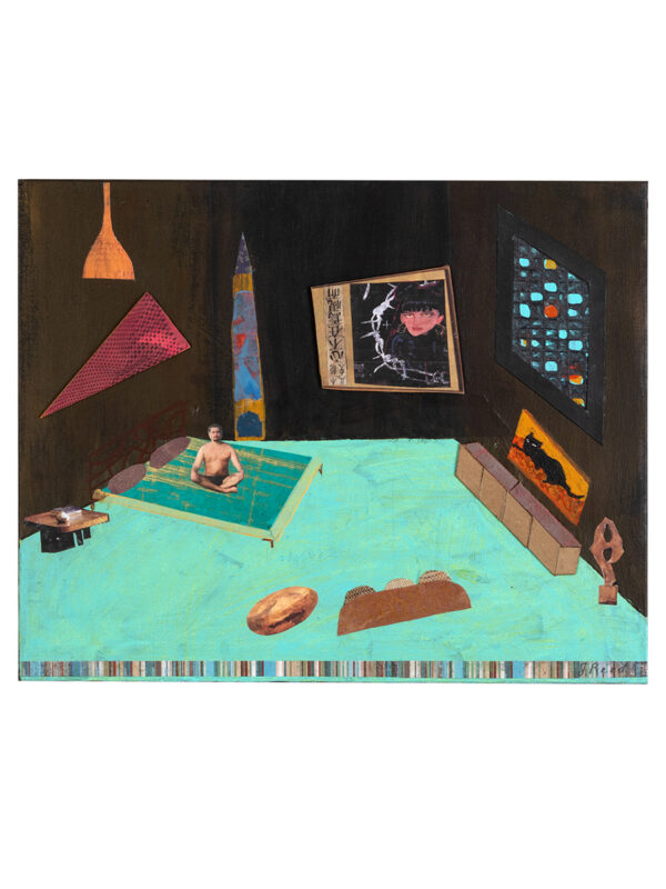 Surreal turquoise room painting with seated figure