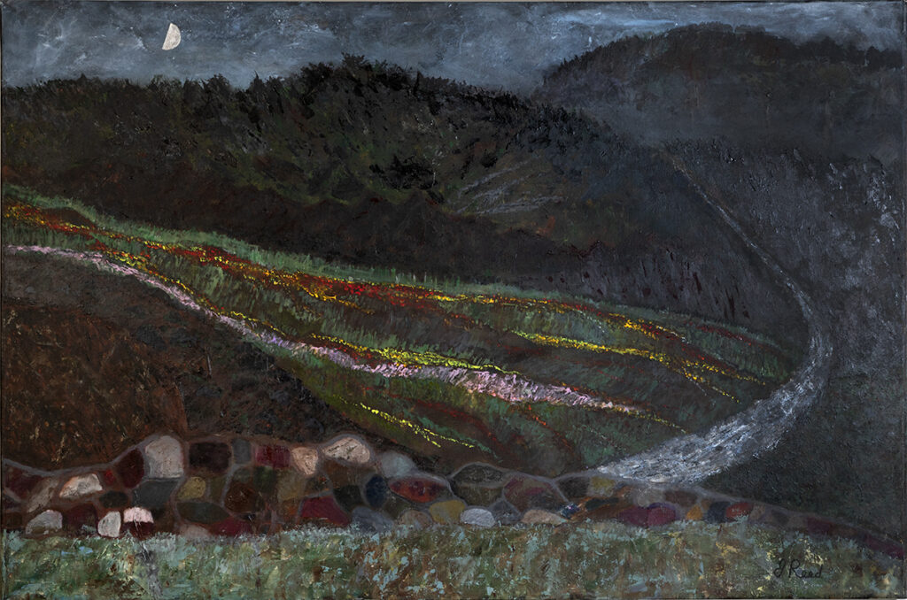 Moonlit hillside with winding stream and flowers