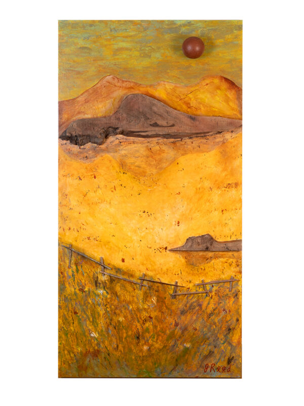 Golden mountain landscape painting with brown sun