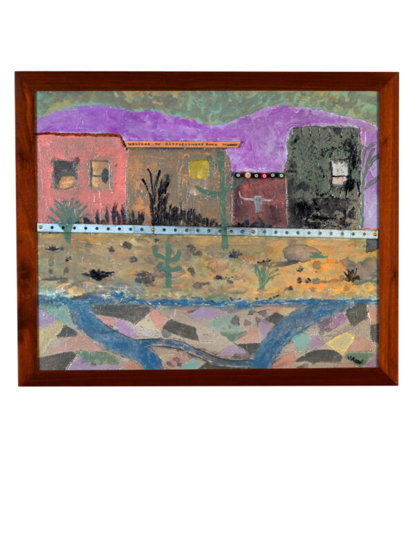 Framed colorful desert town mixed-media painting