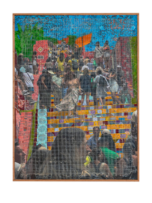Crowd on colorful mosaic outdoor staircase