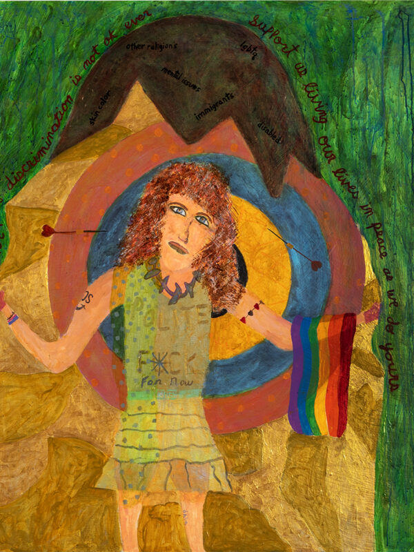 Person with rainbow flag before archery target