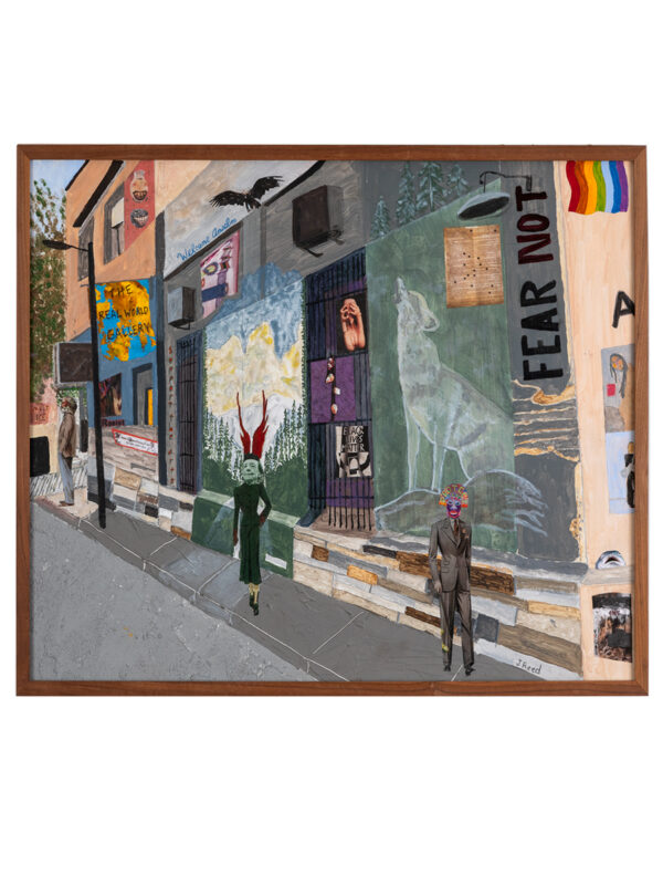 Colorful mural-lined street scene with "FEAR NOT