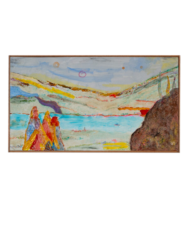 Abstract coastal landscape with three colorful figures